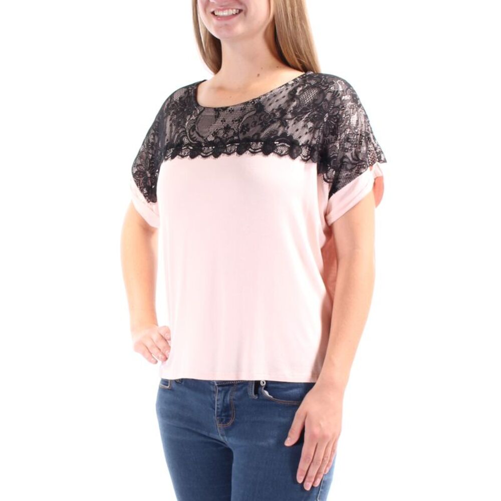 MON AMI Womens Pink Lace Cap Sleeve Jewel Neck Top Size: S